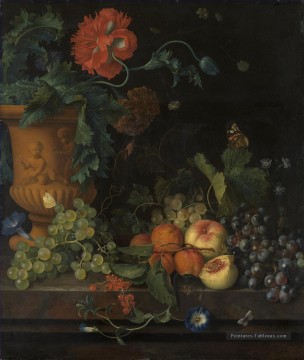 Vase en terre cuite avec des fleurs et des fruits Jan van Huysum classique nature morte Peinture à l'huile